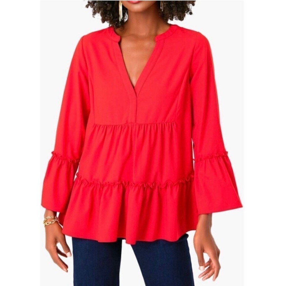 Pomander Place Red Crepe Kenzo Tiered Top‎ Ruffle Bell Sleeve XS